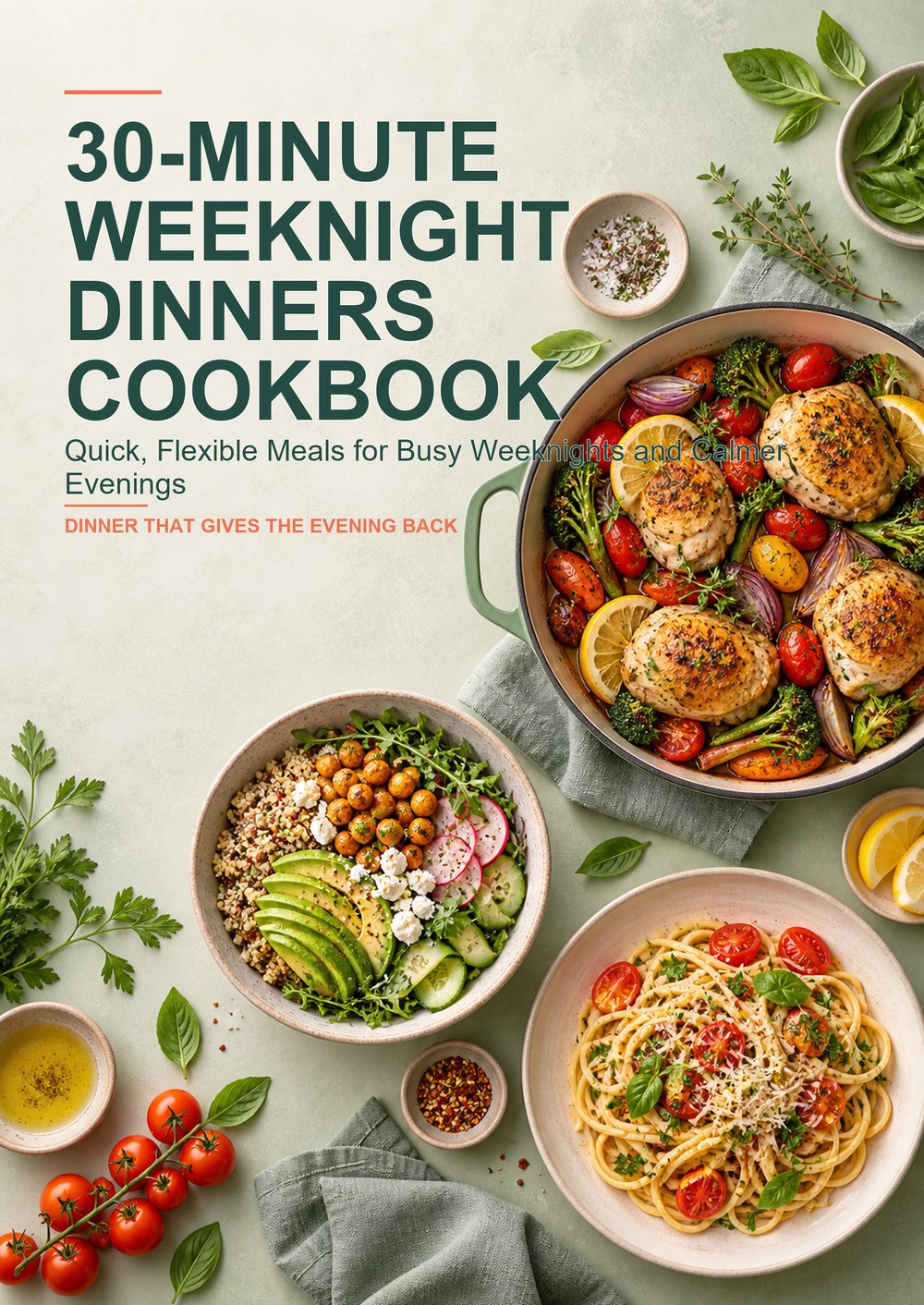 30-MINUTE WEEKNIGHT DINNERS COOKBOOK Quick, Flexible Meals for Busy Weeknights and Calmer Evenings DINNER THAT GIVES THE EVENING BACK cover