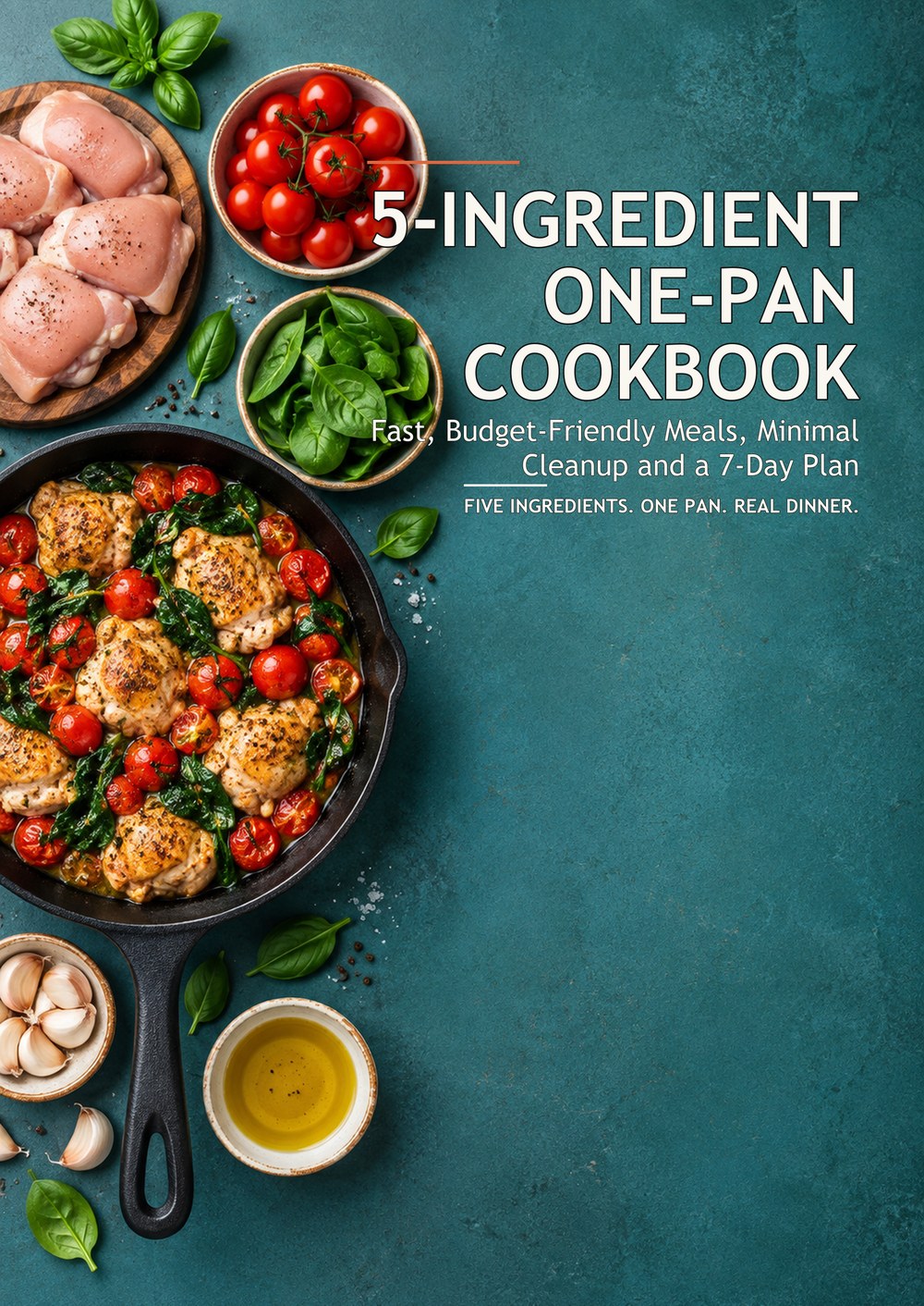 5-INGREDIENT ONE-PAN COOKBOOK Fast, Budget-Friendly Meals, Minimal Cleanup and a 7-Day Plan FIVE INGREDIENTS. ONE PAN. REAL DINNER. cover