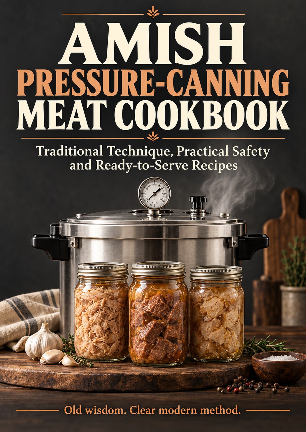AMISH PRESSURE-CANNING MEAT COOKBOOK Traditional Technique, Practical Safety and Ready-to-Serve Recipes OLD WISDOM. CLEAR MODERN METHOD. cover