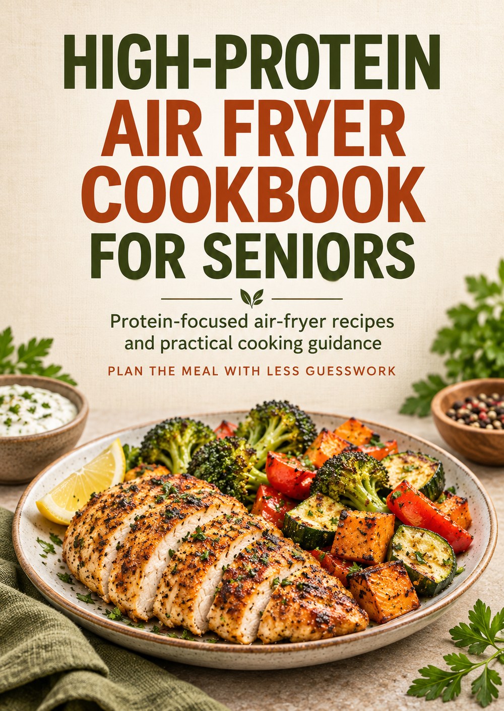 HIGH-PROTEIN AIR FRYER COOKBOOK FOR SENIORS Protein-focused air-fryer recipes and practical cooking guidance PLAN THE MEAL WITH LESS GUESSWORK cover