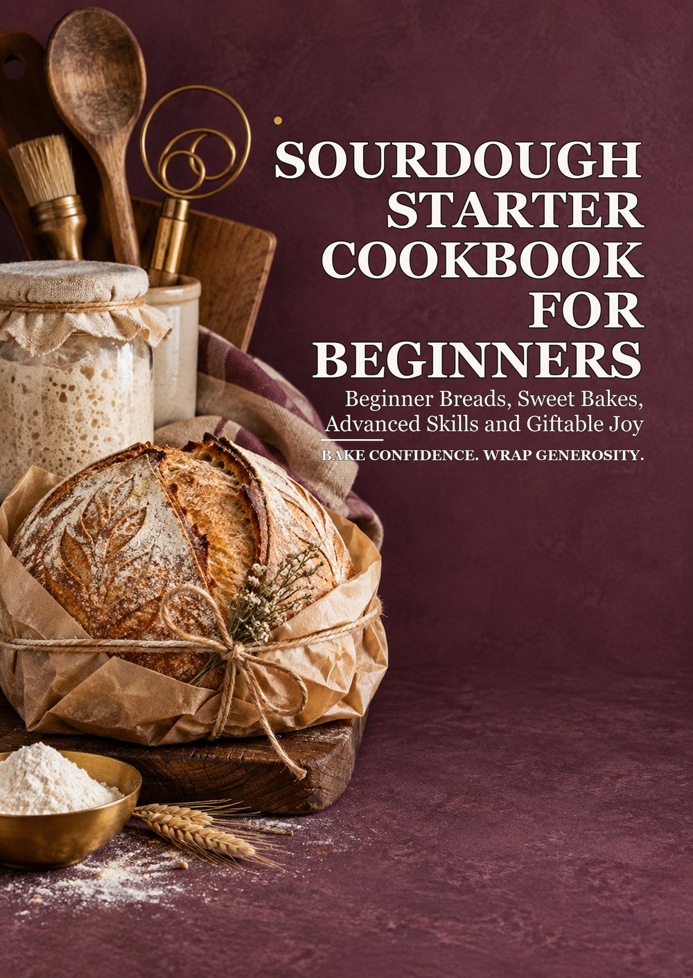 SOURDOUGH STARTER COOKBOOK FOR BEGINNERS Beginner Breads, Sweet Bakes, Advanced Skills and Giftable Joy BAKE CONFIDENCE. WRAP GENEROSITY. cover