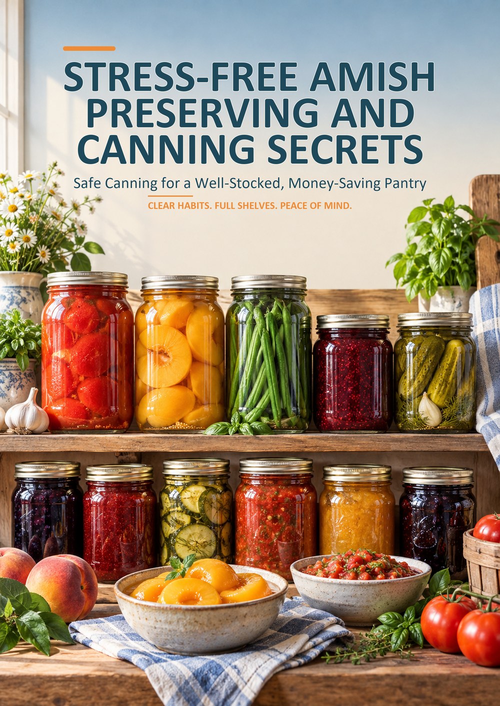 STRESS-FREE AMISH PRESERVING AND CANNING SECRETS Safe Canning for a Well-Stocked, Money-Saving Pantry CLEAR HABITS. FULL SHELVES. PEACE OF MIND. cover