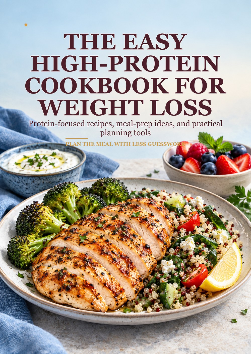 THE EASY HIGH-PROTEIN COOKBOOK FOR WEIGHT LOSS Protein-focused recipes, meal-prep ideas, and practical planning tools PLAN THE MEAL WITH LESS GUESSWORK cover
